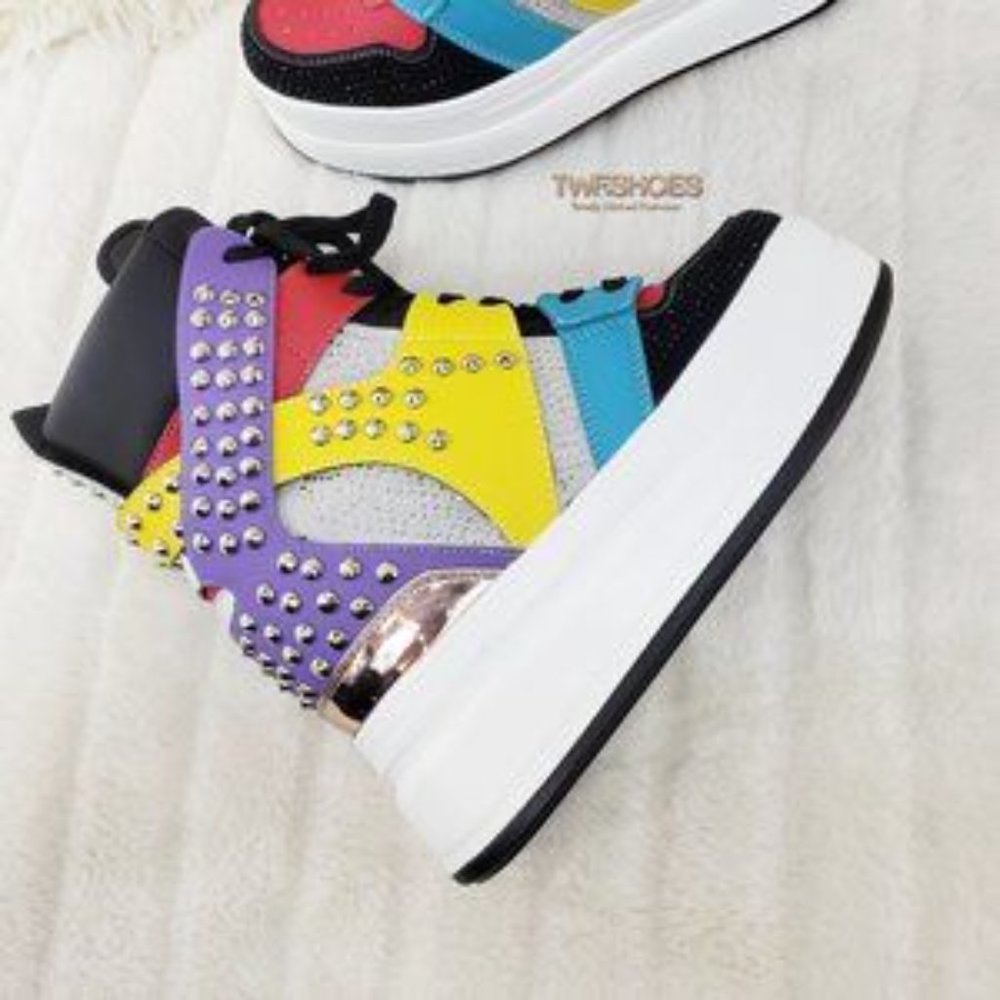 Quince Hidden Wedge Platform Punk Designer Sneakers Black Multi Rhinestones